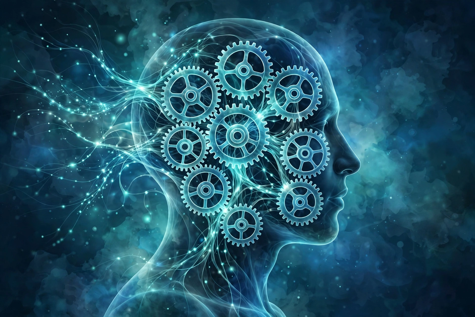 Glowing human head with gears representing the eight MBTI cognitive functions