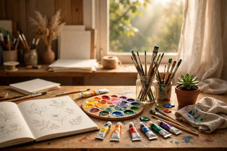 Creative studio workspace with art supplies and a plant in warm natural light