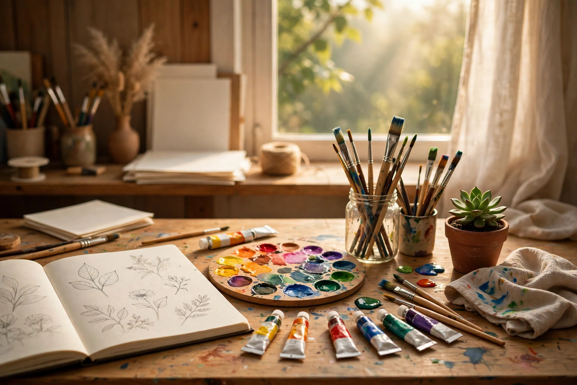 Creative studio workspace with art supplies and a plant in warm natural light