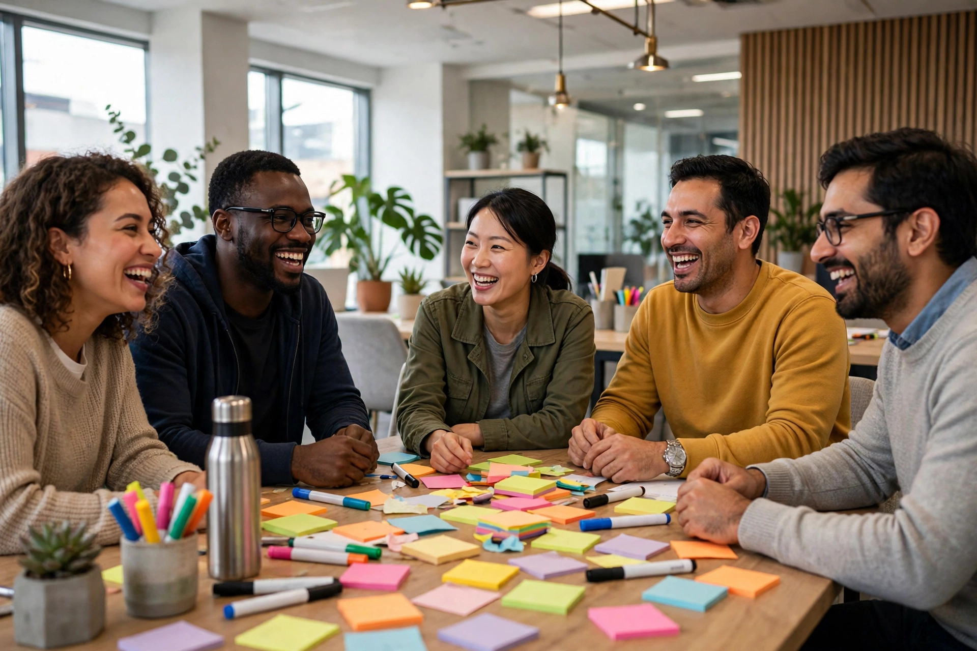 Diverse team brainstorming ideas together around a table in a bright modern office