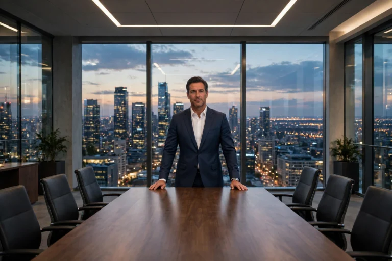 Confident business leader standing at the head of a modern boardroom table