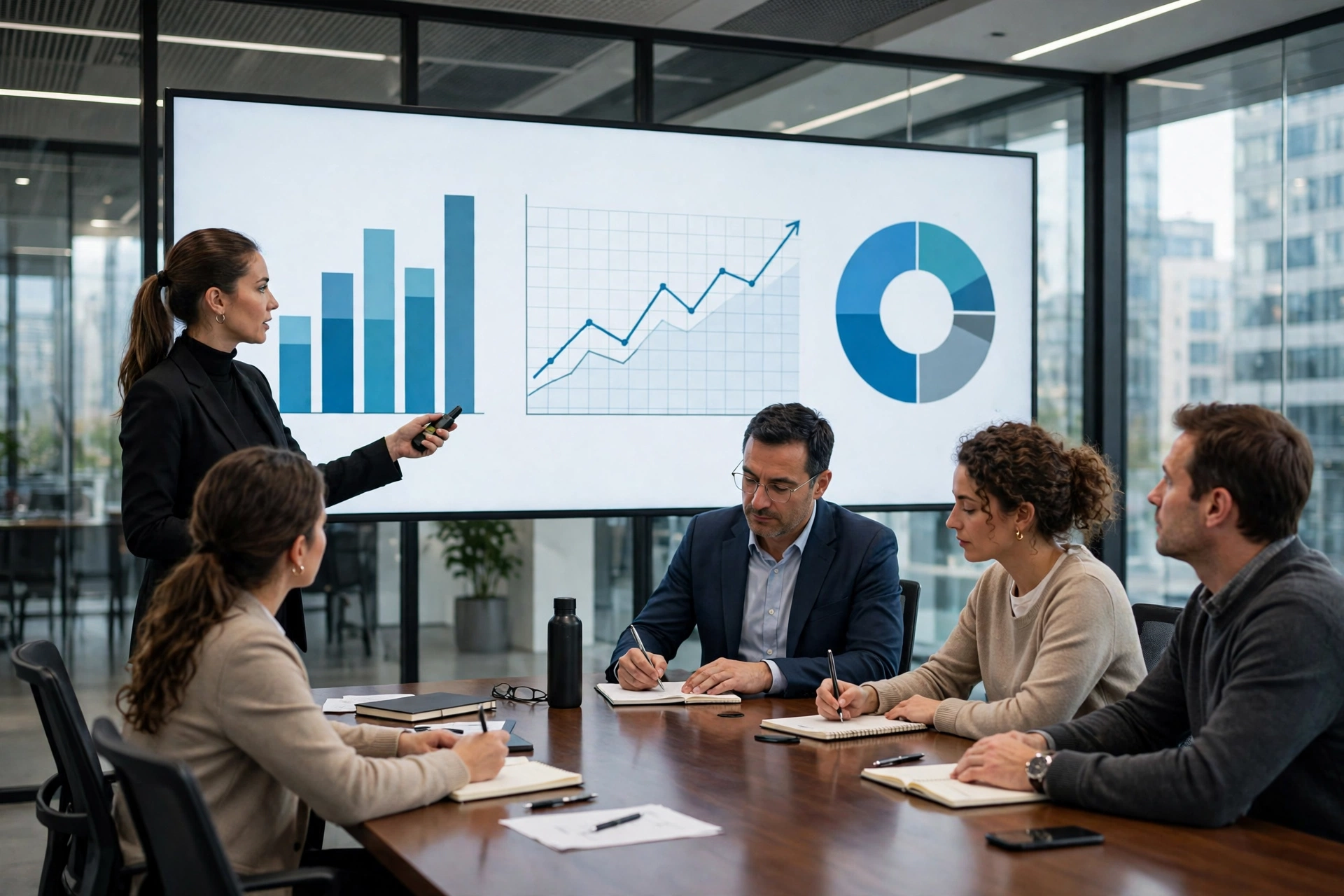 Team discussing strategy during a meeting in a sleek conference room