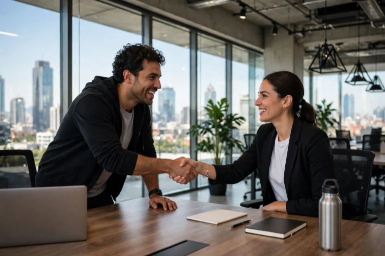 Young entrepreneur shaking hands across a conference table in a bright modern office