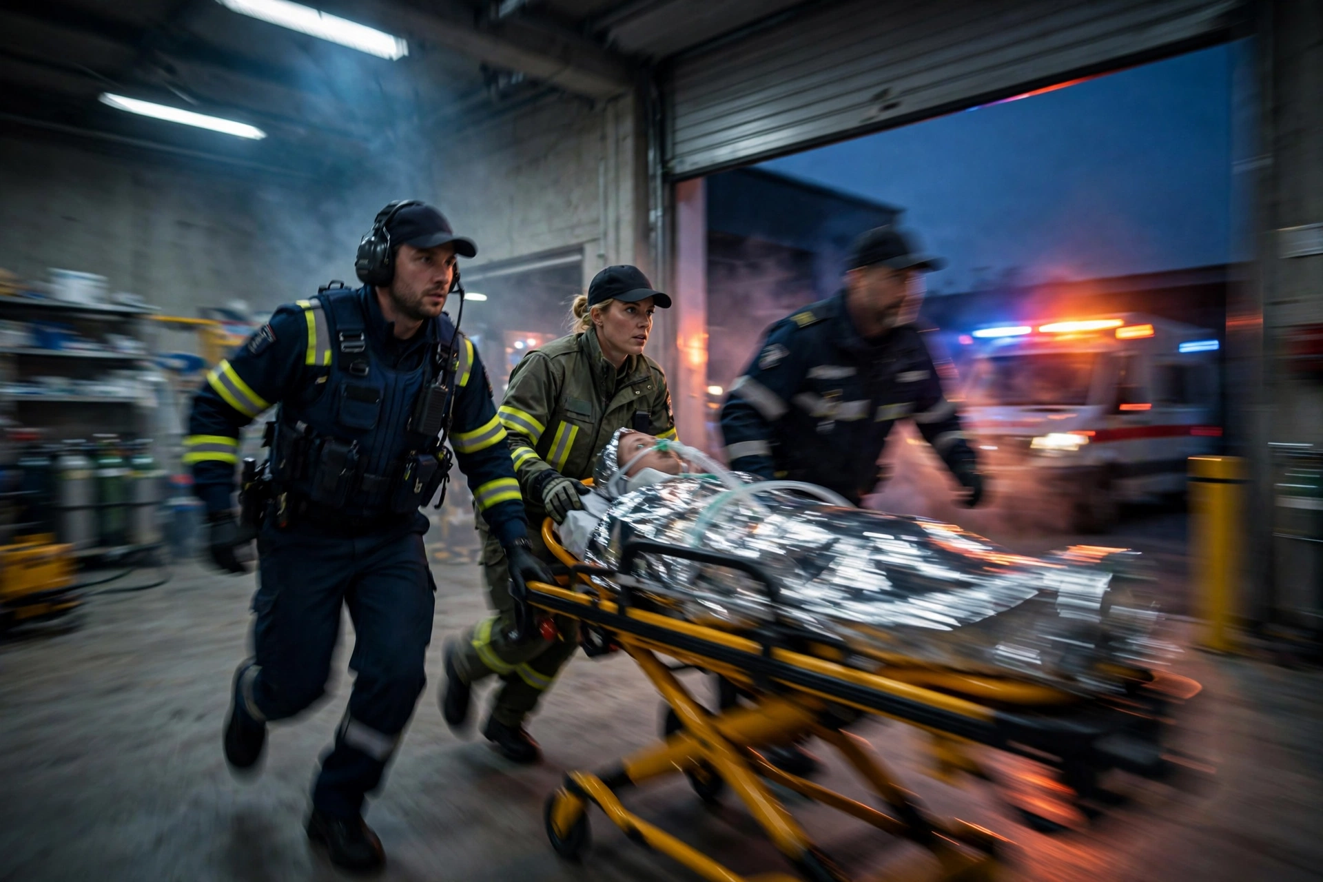 Paramedic response team in action at an ambulance bay in the evening