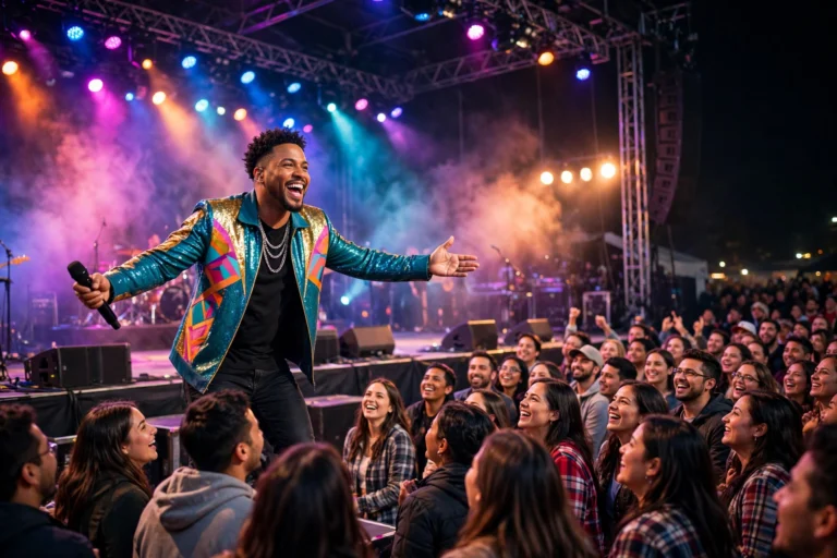 Performer on a brightly lit stage in front of an enthusiastic concert crowd
