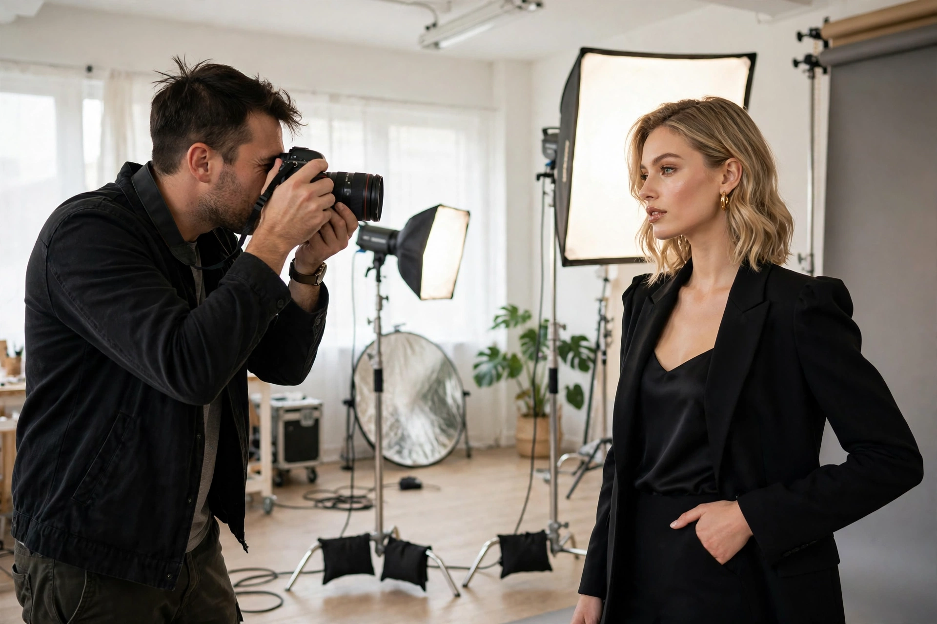 Photographer capturing a fashion shoot in a bright creative studio