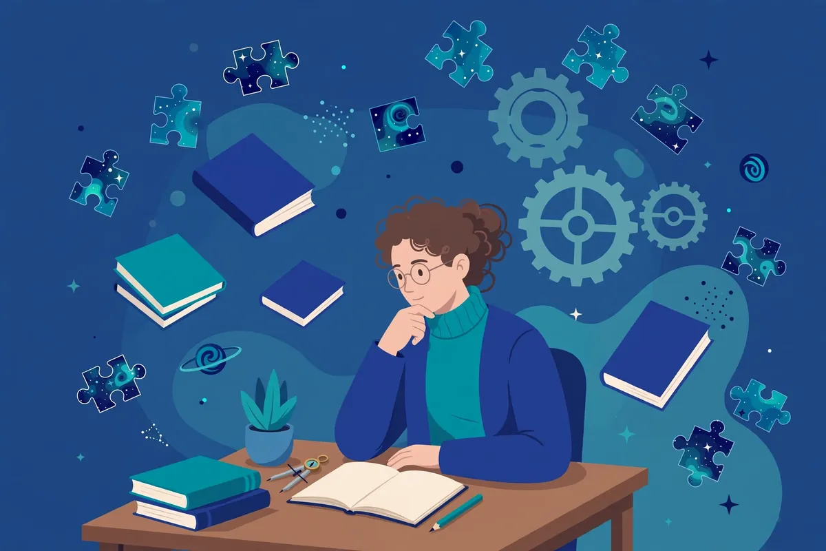 INTP researcher thinking through career options among books and ideas