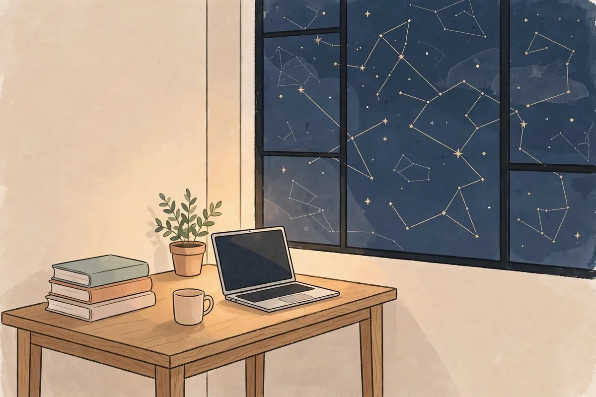 Quiet INTP home office with books and a starry window