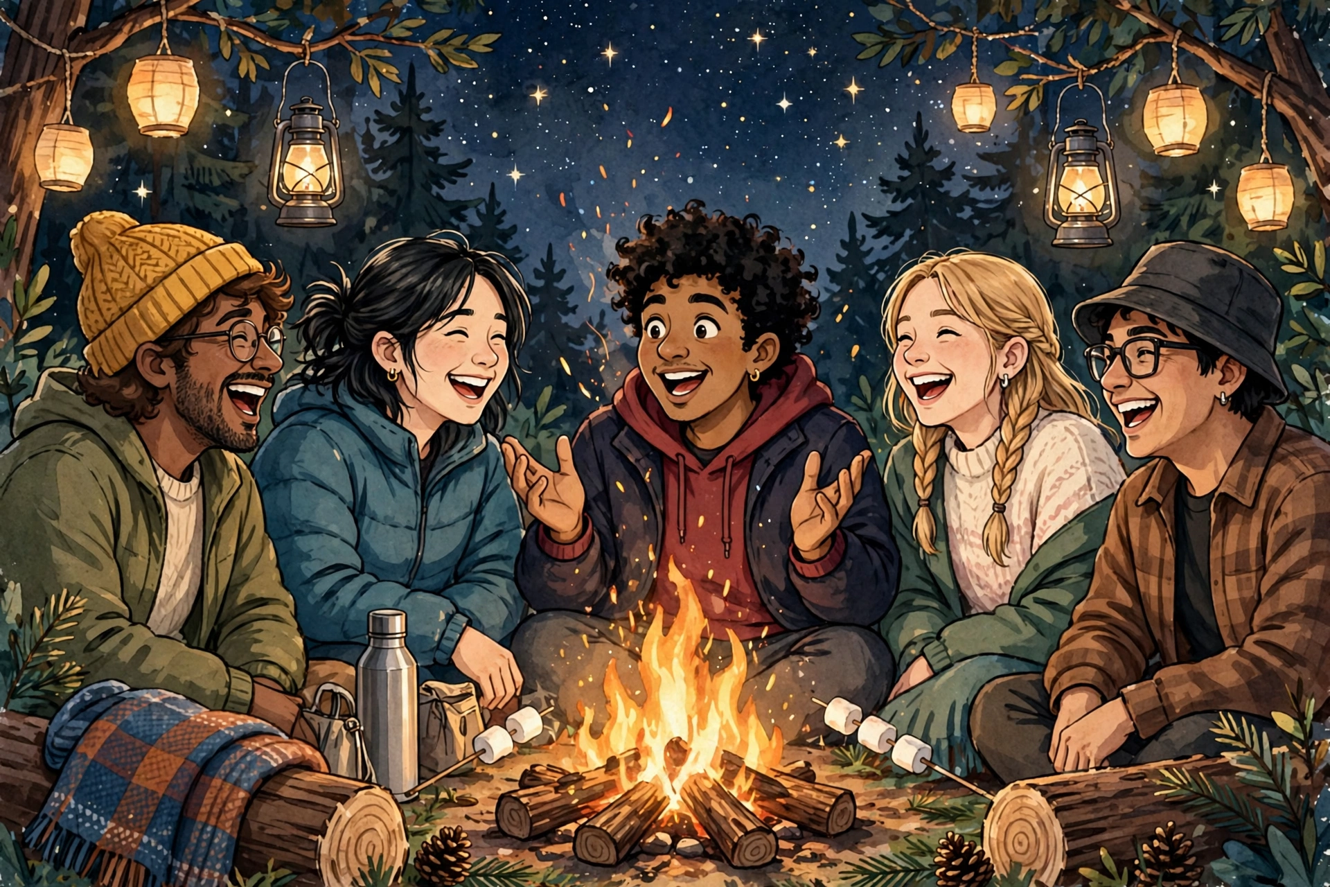 Diverse friends laughing around a campfire under a starry night sky — ENFP social warmth