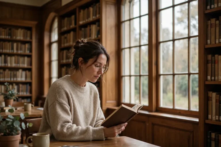 A thoughtful woman reading a book alone by a window in a quiet library