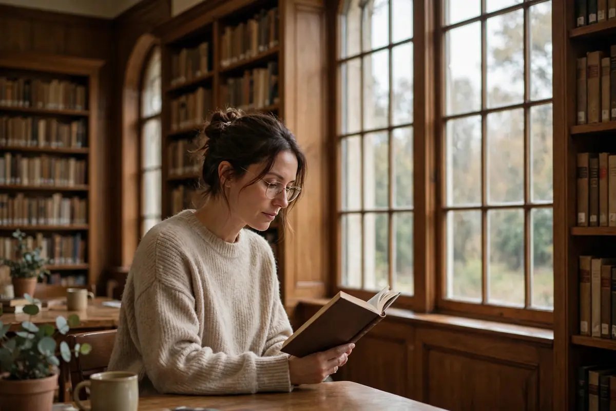 A thoughtful woman reading a book alone by a window in a quiet library