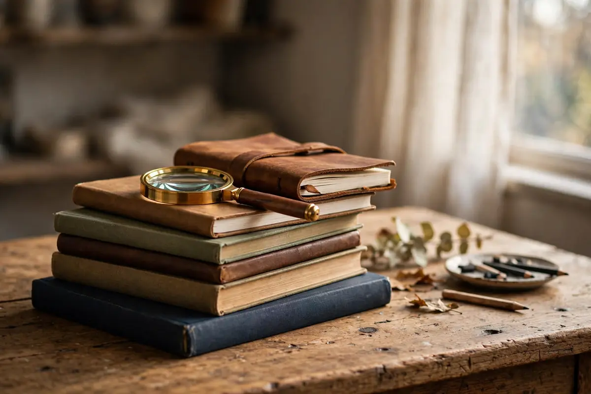 Stack of books and research notebooks on a wooden desk