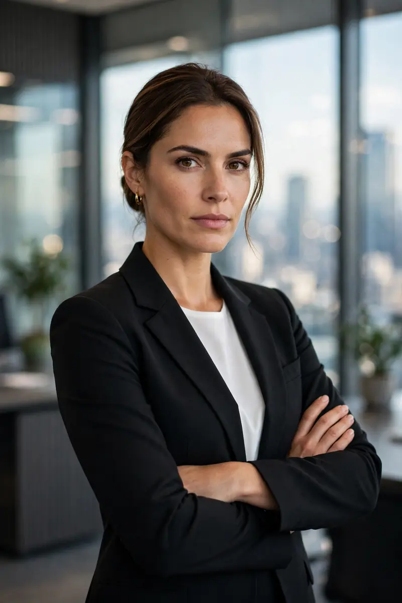 Confident woman standing with arms crossed in a modern office, leadership portrait