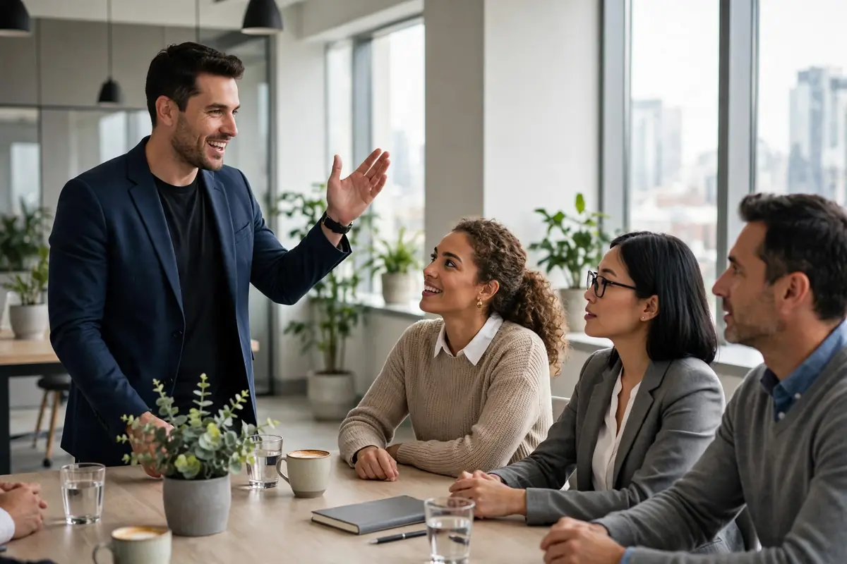 Team leader speaking to colleagues around a conference table