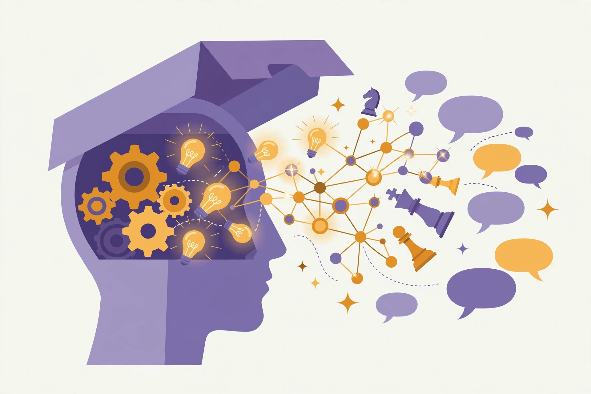 Stylized head silhouette with gears and lightbulbs releasing a glowing mind-map of connected ideas, speech bubbles, and chess pieces in purple and amber