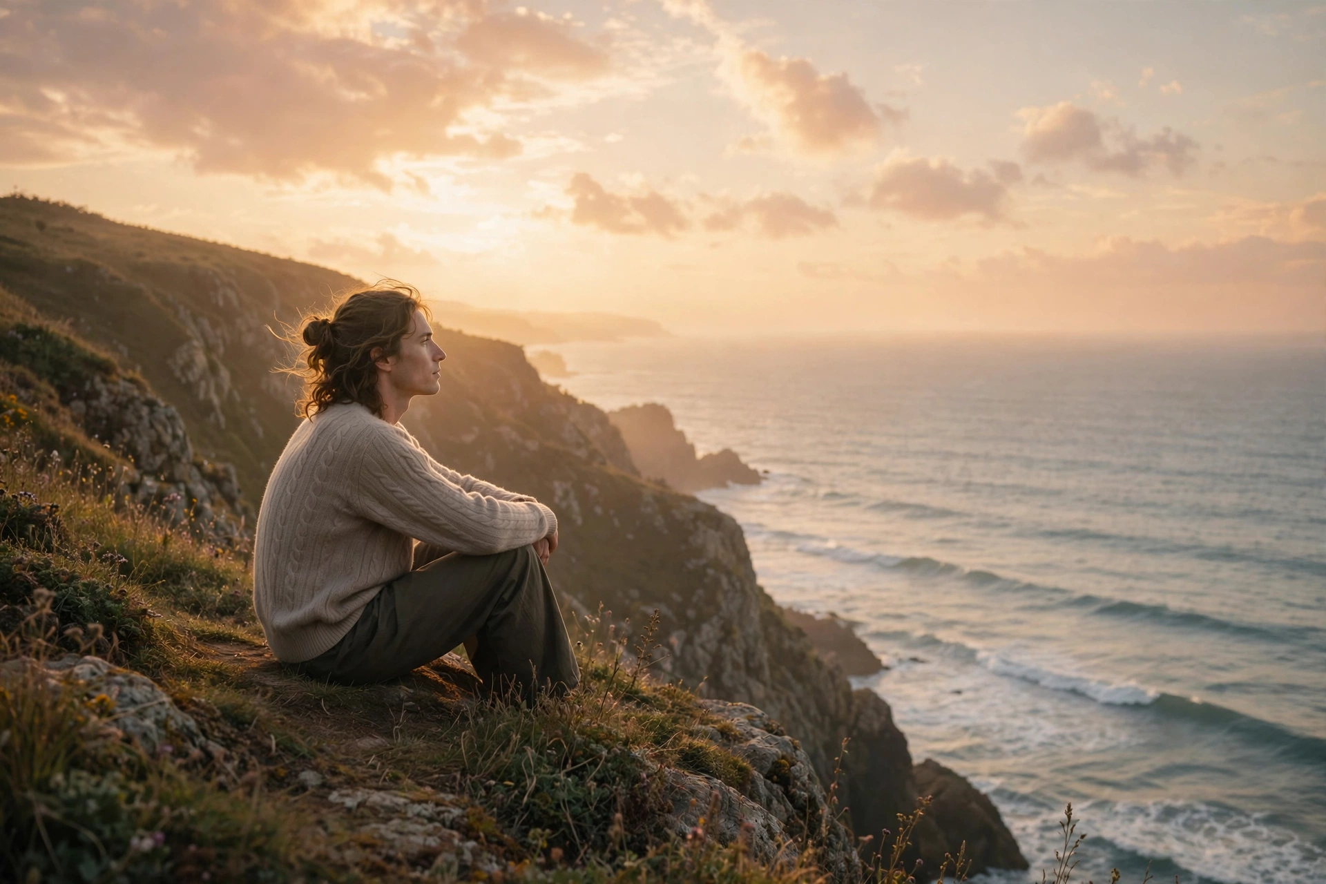 A person sitting on a coastal cliff watching the ocean at sunset, reflecting the ISFP love of quiet beauty