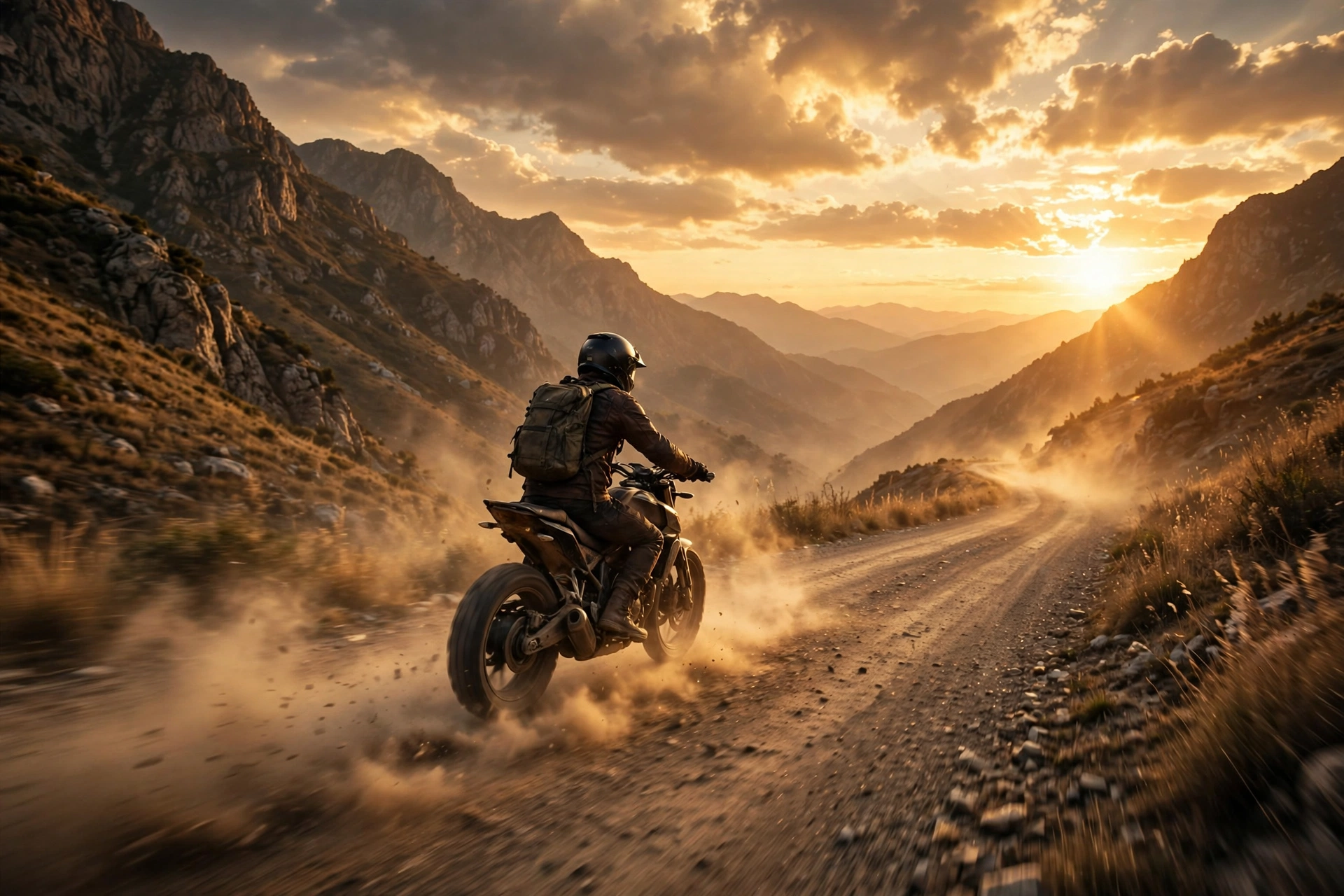 A lone motorcyclist riding through mountain roads at sunset, capturing the ISTP spirit of independence