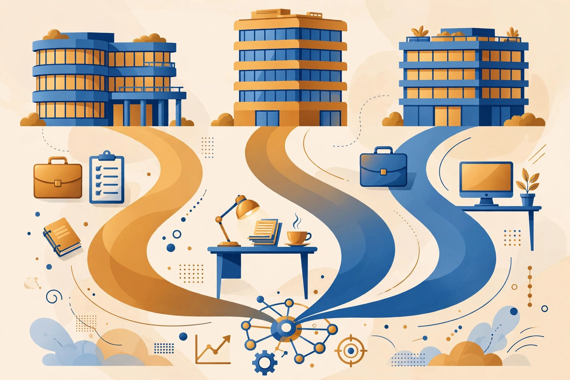 Illustration of office buildings with winding paths