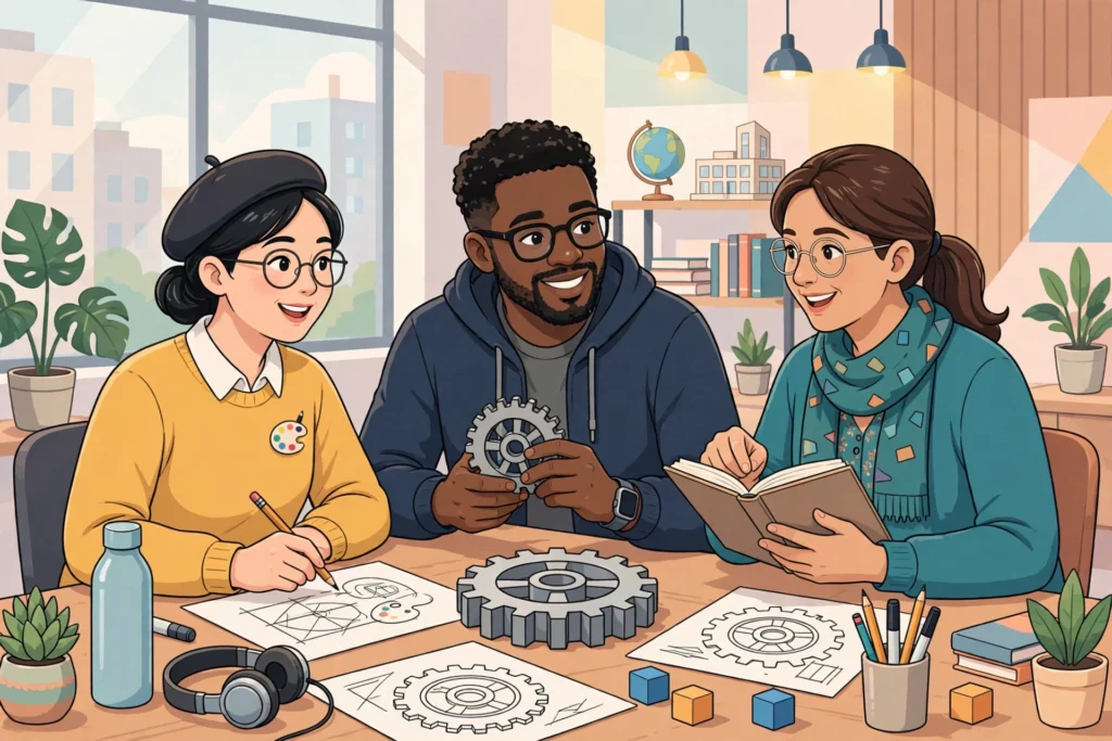 Illustration of people sharing a meal around a table