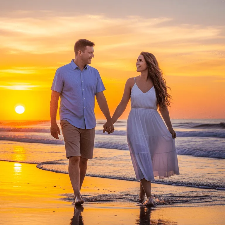 Couple holding hands walking on a beach at sunset