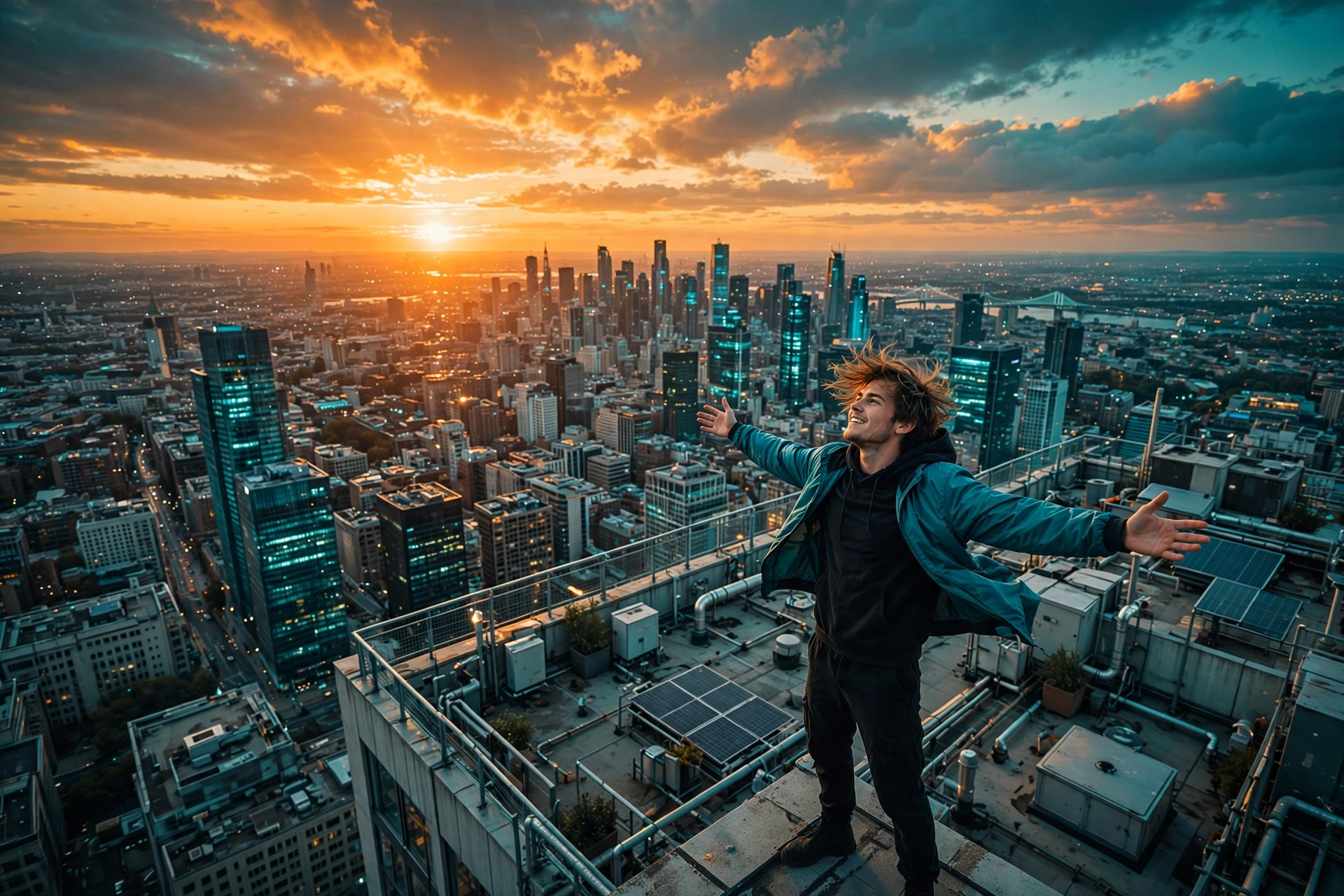 Illustration of an energetic person standing on a rooftop at golden hour