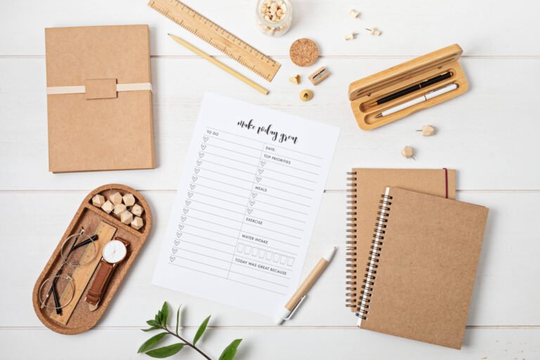 Organized desk with a planning template and office accessories