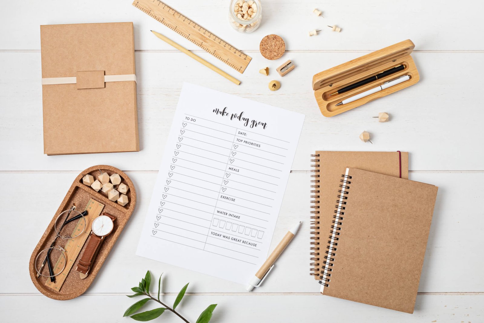 Organized desk with a planning template and office accessories