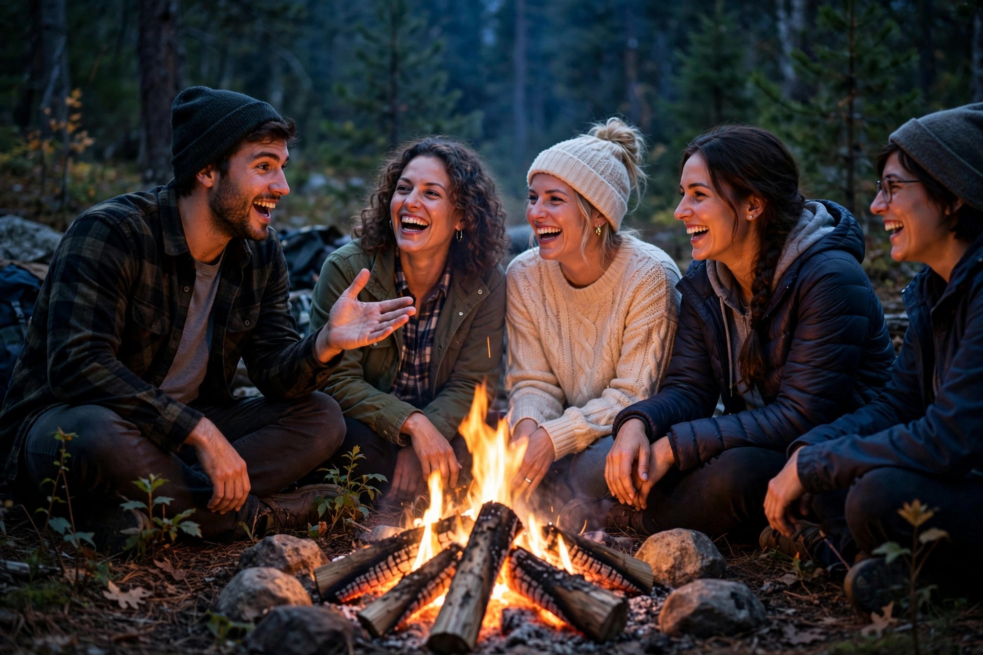 Friends laughing together around a campfire at dusk