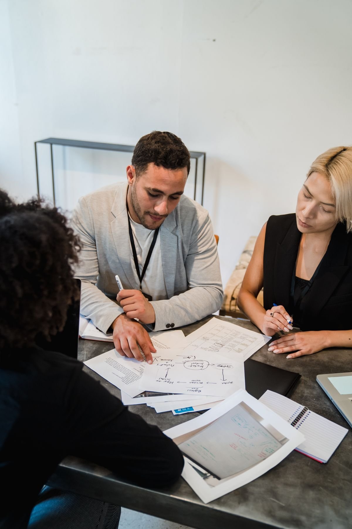 Team members discussing strategy around a conference table