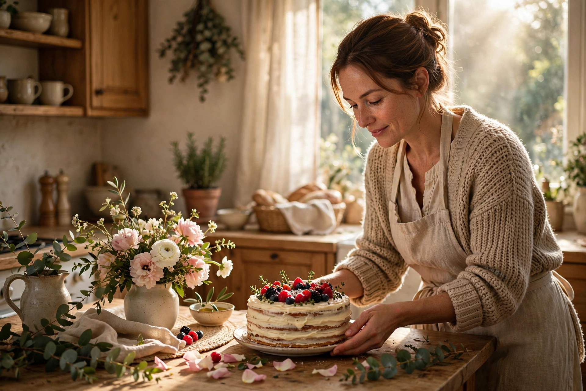 Cozy kitchen scene with a homemade birthday cake and flowers