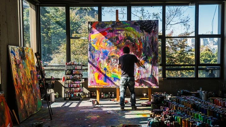 Artist painting a large colorful abstract canvas in a bright art studio