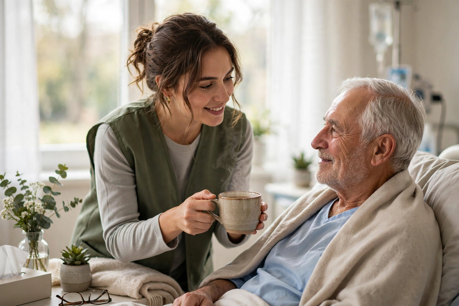 Compassionate caregiver offering tea to a patient in a bright room