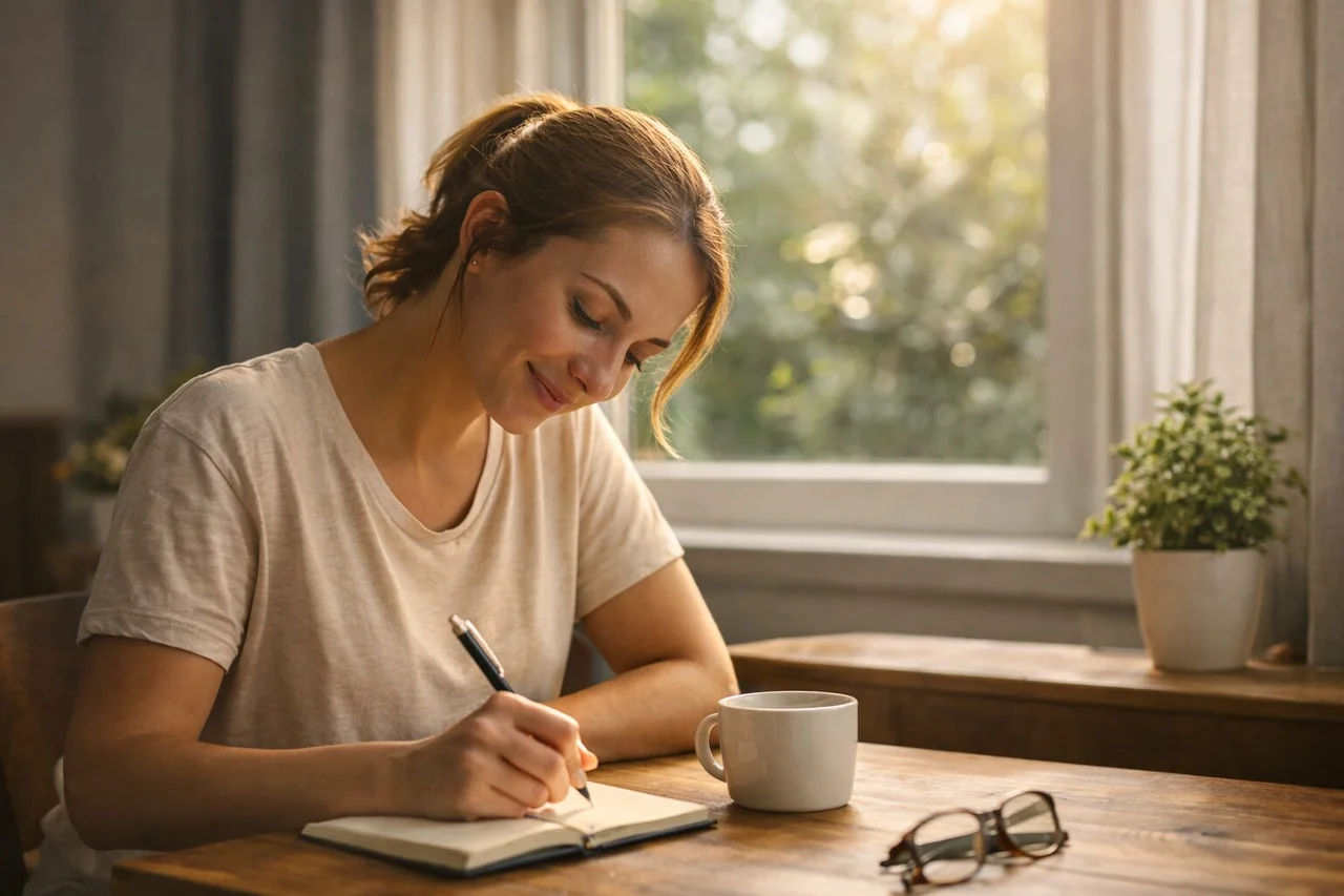 Woman writing in a journal by a sunlit window with a cup of coffee