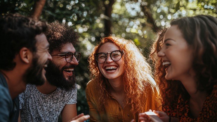 Group of friends laughing together outdoors
